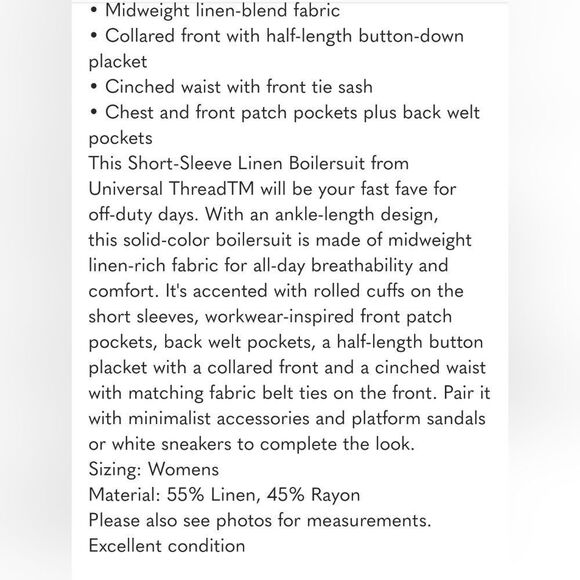 Universal Thread Women's Short Sleeve Linen Boilersuit Casual Jumpsuit Cream 8 - Picture 3 of 6
